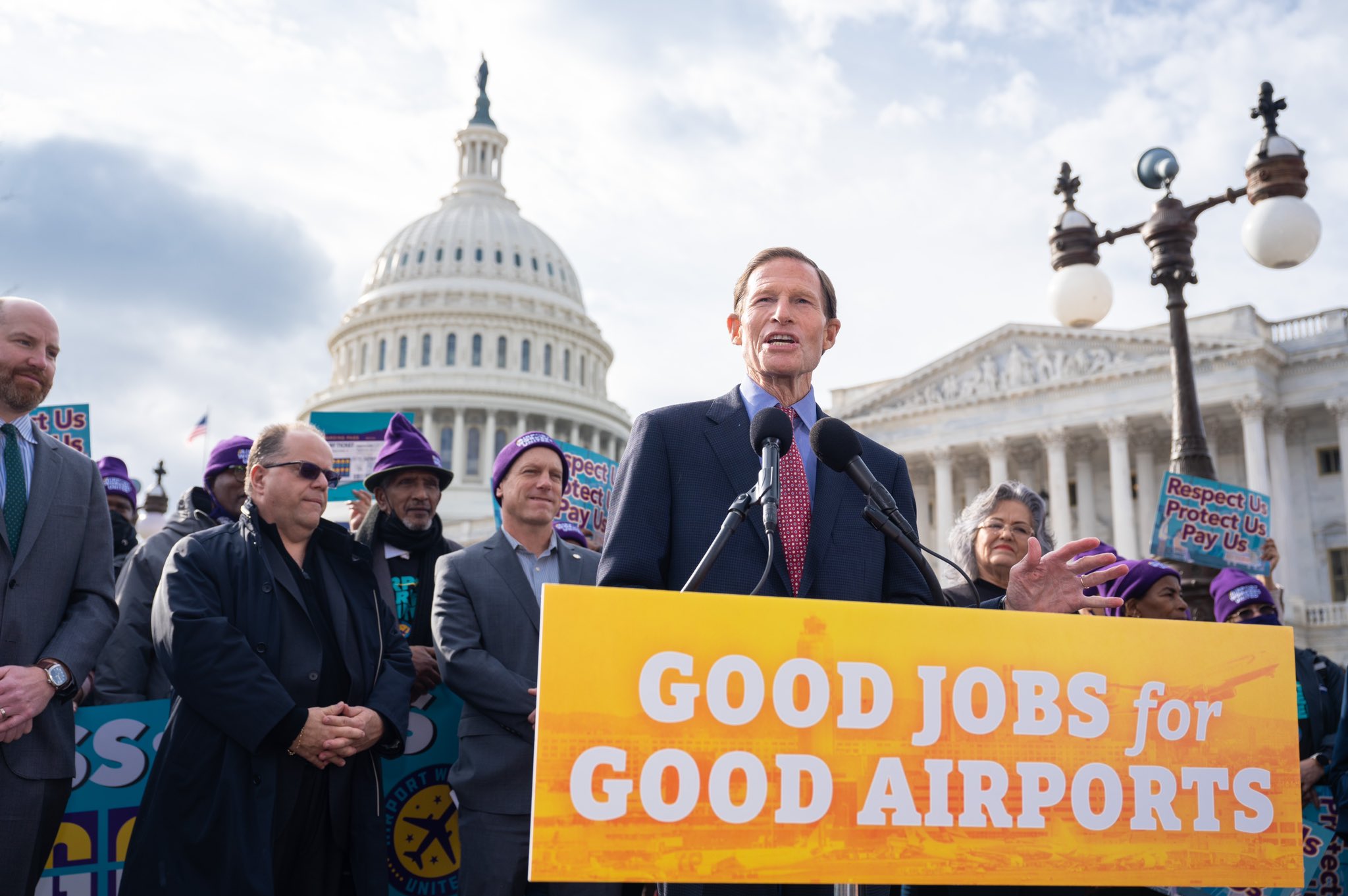 As part of a national day of action by airport workers in more than 15 cities across the country, Blumenthal joined airport workers at a press conference urging Congress to pass the Good Jobs for Good Airports Act. 